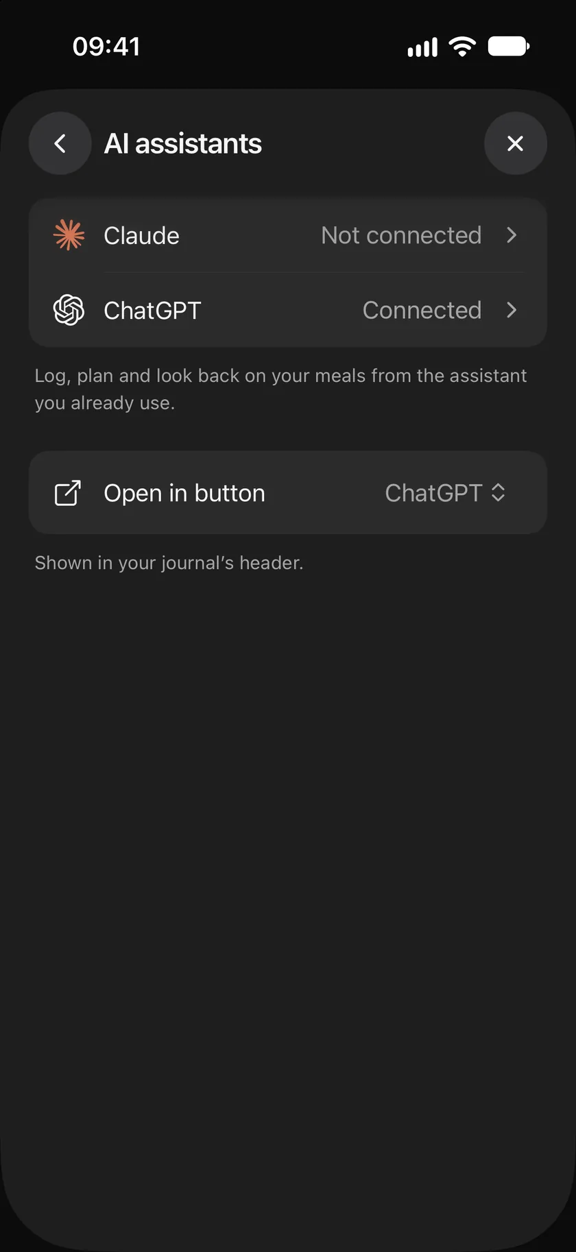 AI assistants: Claude not connected, ChatGPT connected, and the Open in button set to ChatGPT.