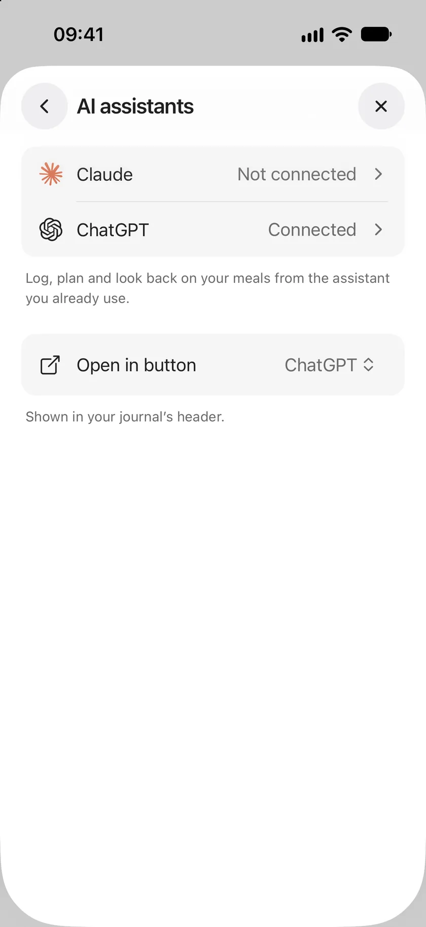 AI assistants: Claude not connected, ChatGPT connected, and the Open in button set to ChatGPT.