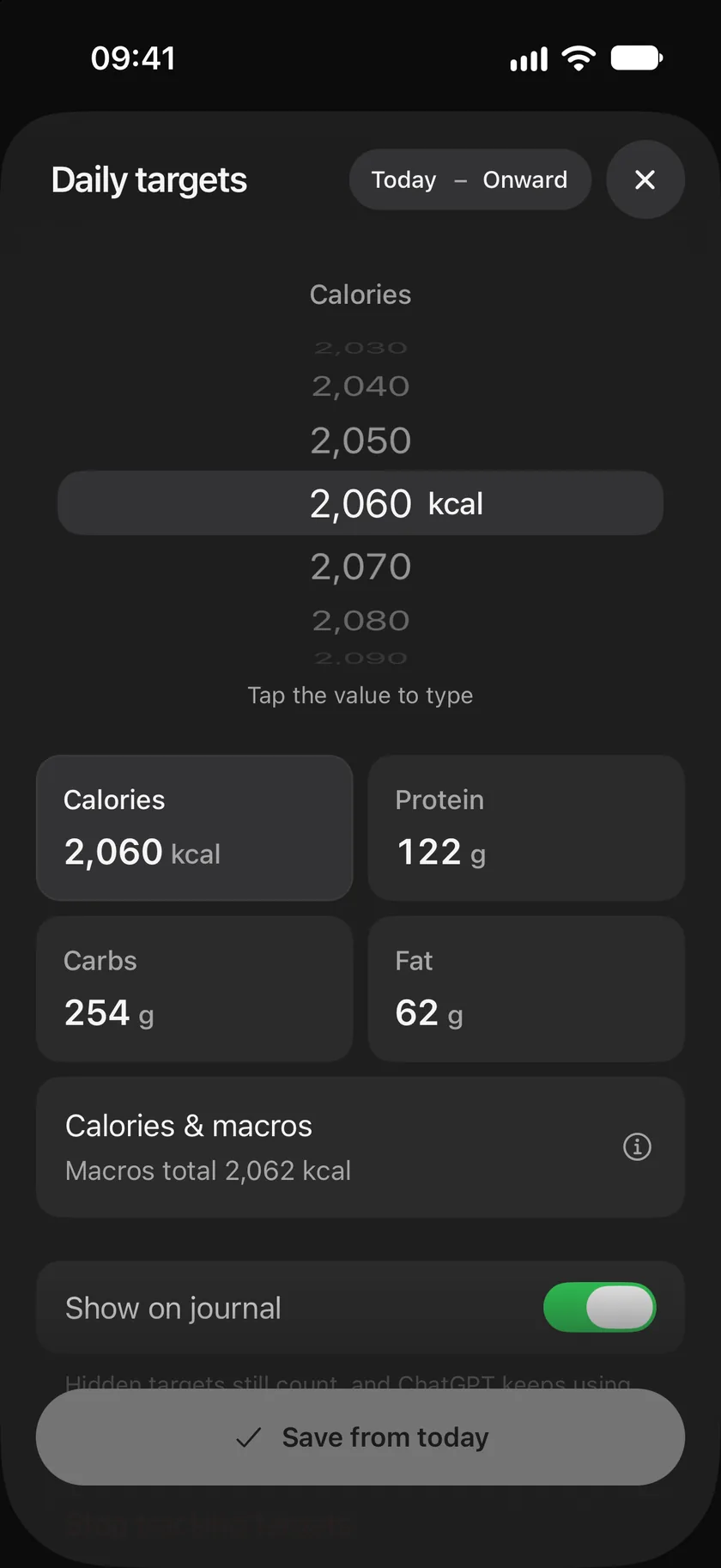 Daily targets: the range Today to Onward, a wheel set to 2,060 kcal, tiles for calories, protein, carbs and fat, Show on journal, and Save from today.