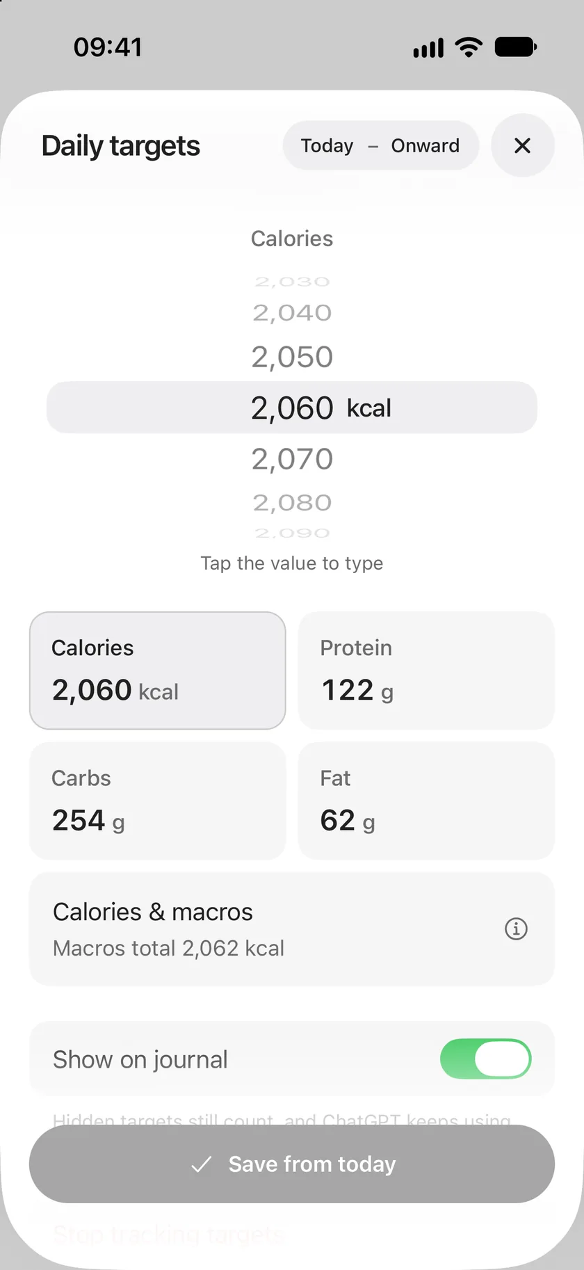 Daily targets: the range Today to Onward, a wheel set to 2,060 kcal, tiles for calories, protein, carbs and fat, Show on journal, and Save from today.