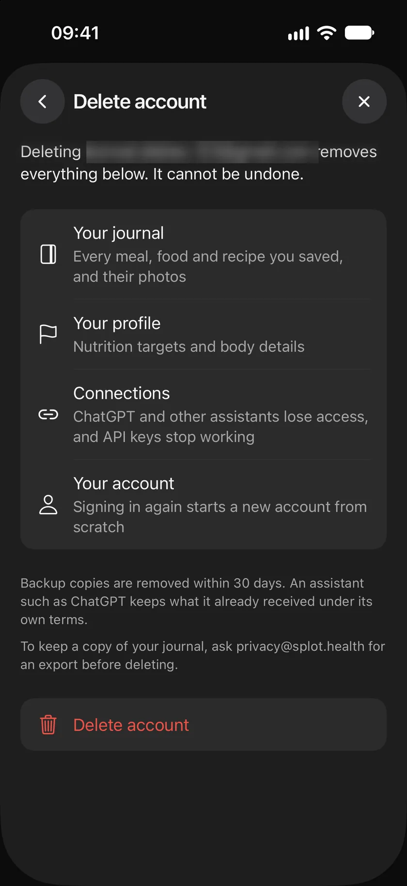 Delete account: a list of what is removed (your journal, your profile, connections and your account), notes on backups and exports, and the Delete account button.