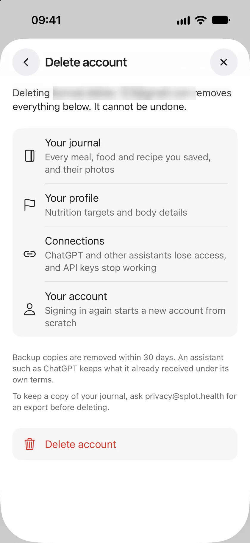 Delete account: a list of what is removed (your journal, your profile, connections and your account), notes on backups and exports, and the Delete account button.