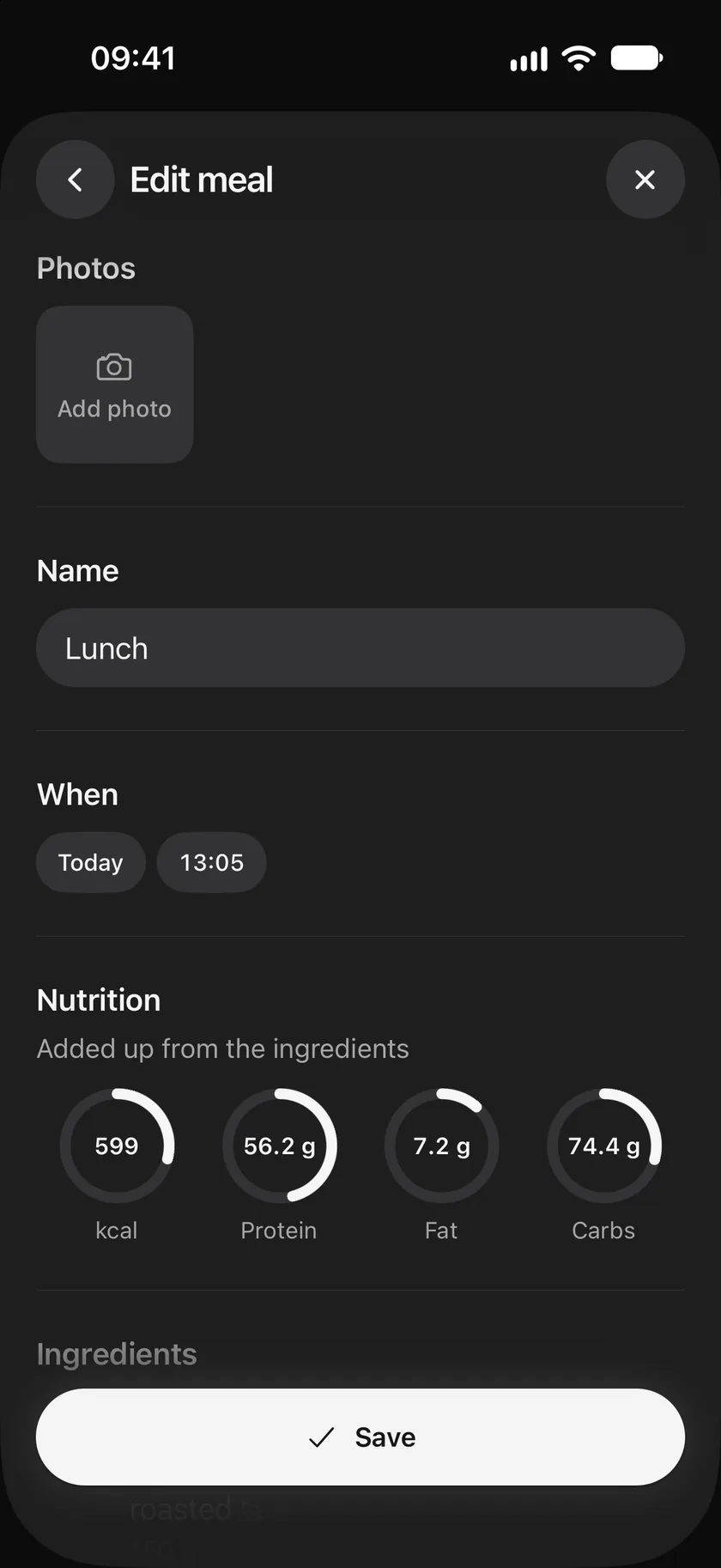Edit meal: photos, the meal's name, when it was eaten, nutrition added up from the ingredients, and Save.