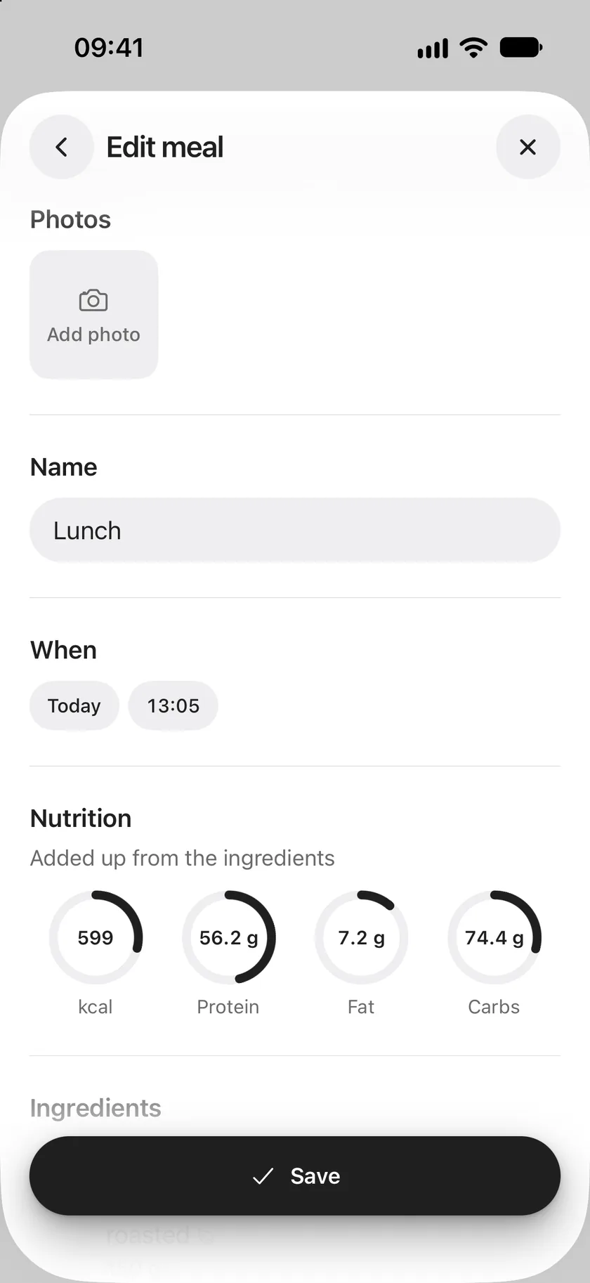 Edit meal: photos, the meal's name, when it was eaten, nutrition added up from the ingredients, and Save.