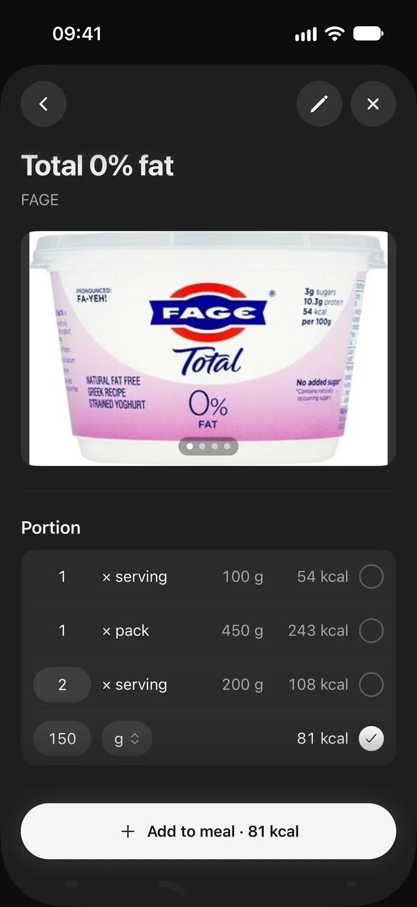 A food's page: photos of the pack, then portions to choose from: 1 serving, 1 pack, 2 servings, or 150 grams typed in.