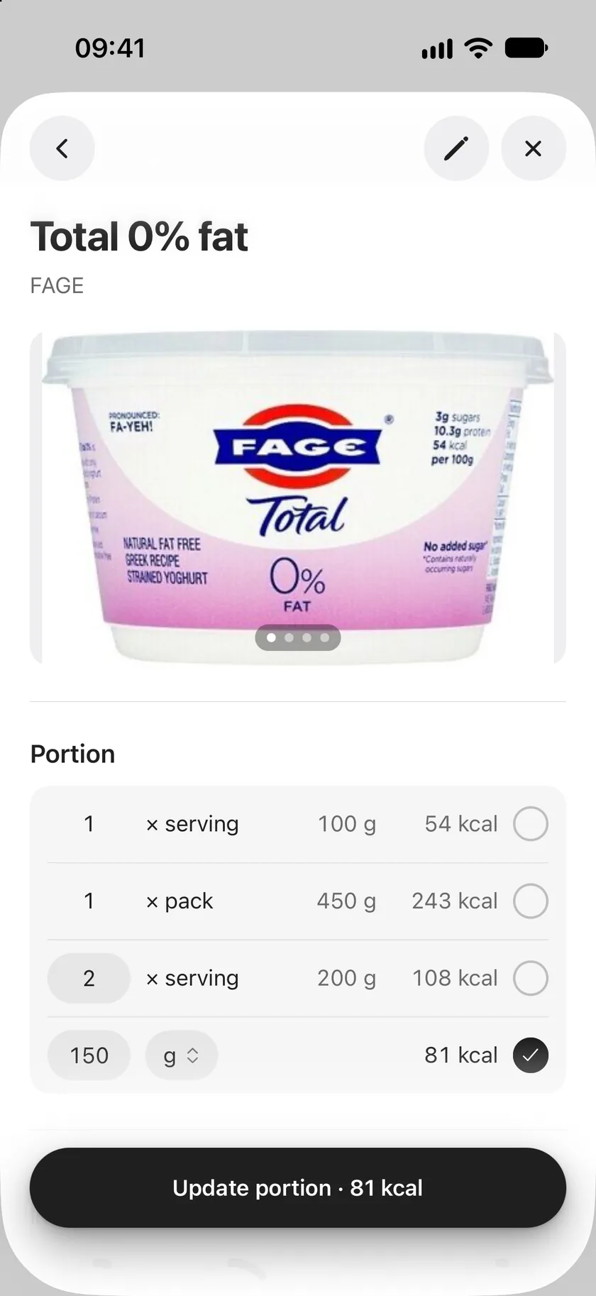 A food's page: photos of the pack, then portions to choose from: 1 serving, 1 pack, 2 servings, or 150 grams typed in.