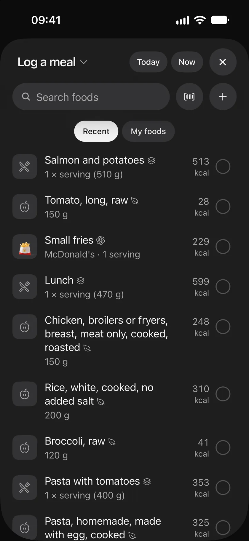 Log a meal: Today and Now at the top, a search field with barcode and new food buttons, and the Recent list with meals and foods you have eaten.