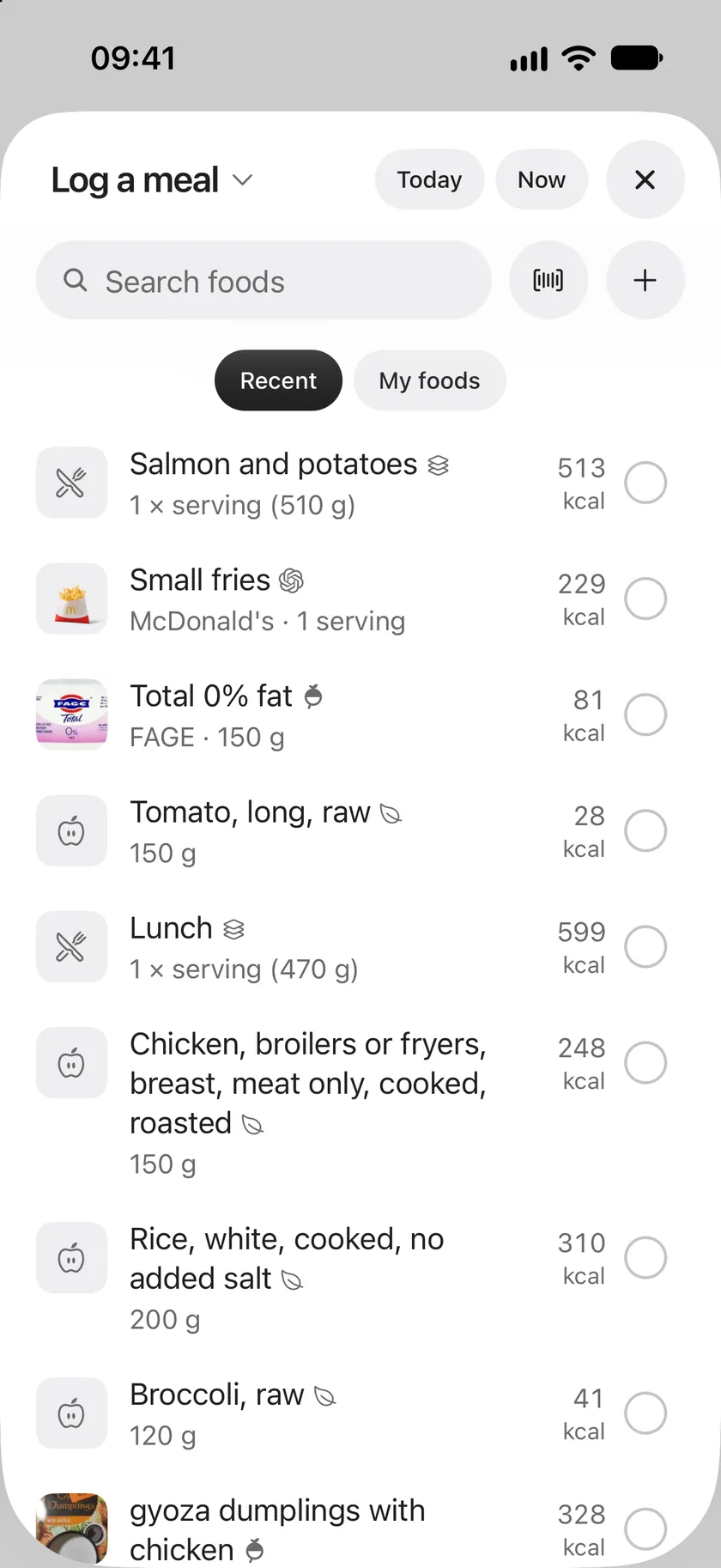 Log a meal: Today and Now at the top, a search field with barcode and new food buttons, and the Recent list with meals and foods you have eaten.