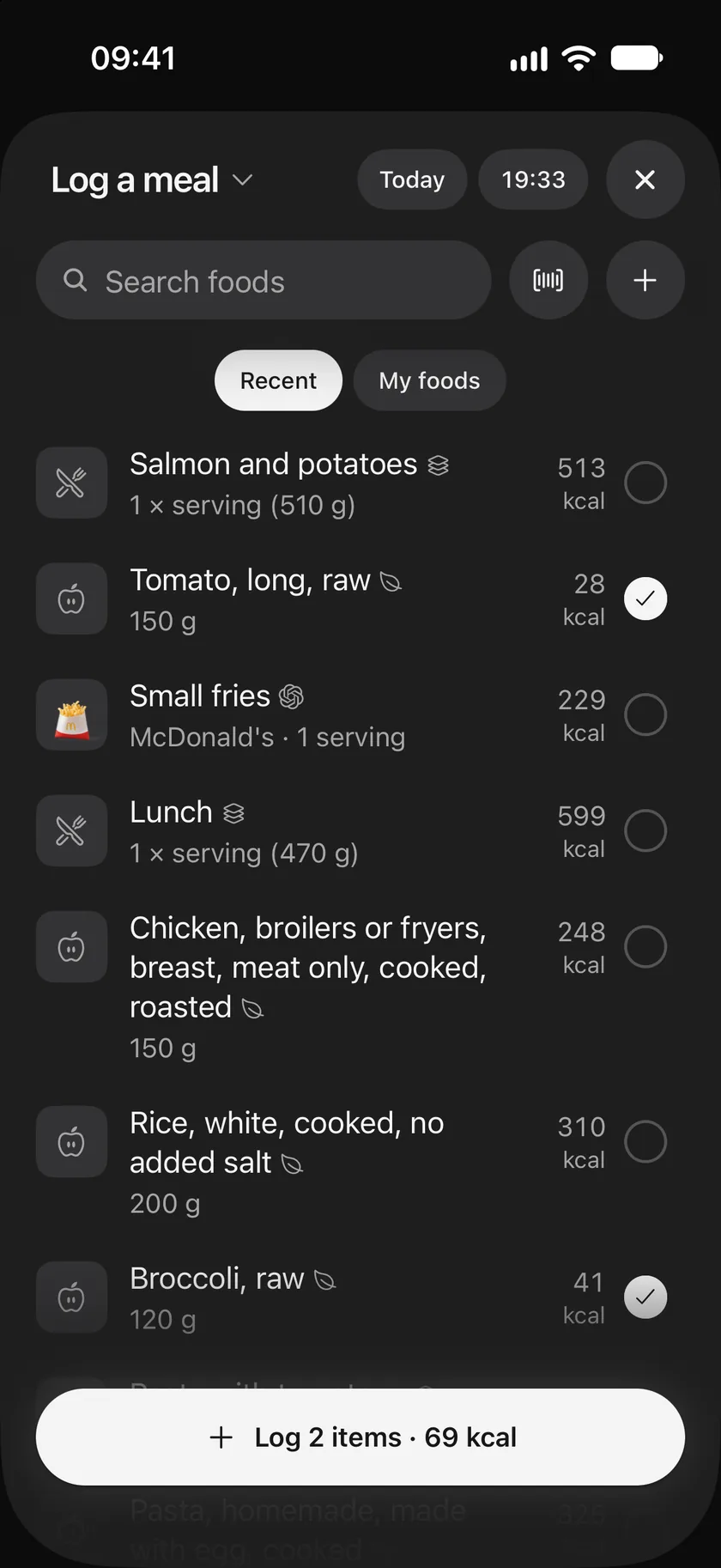 Two foods ticked in Log a meal, with Log 2 items and their calories at the bottom.