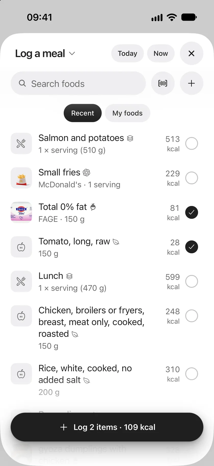 Two foods ticked in Log a meal, with Log 2 items and their calories at the bottom.