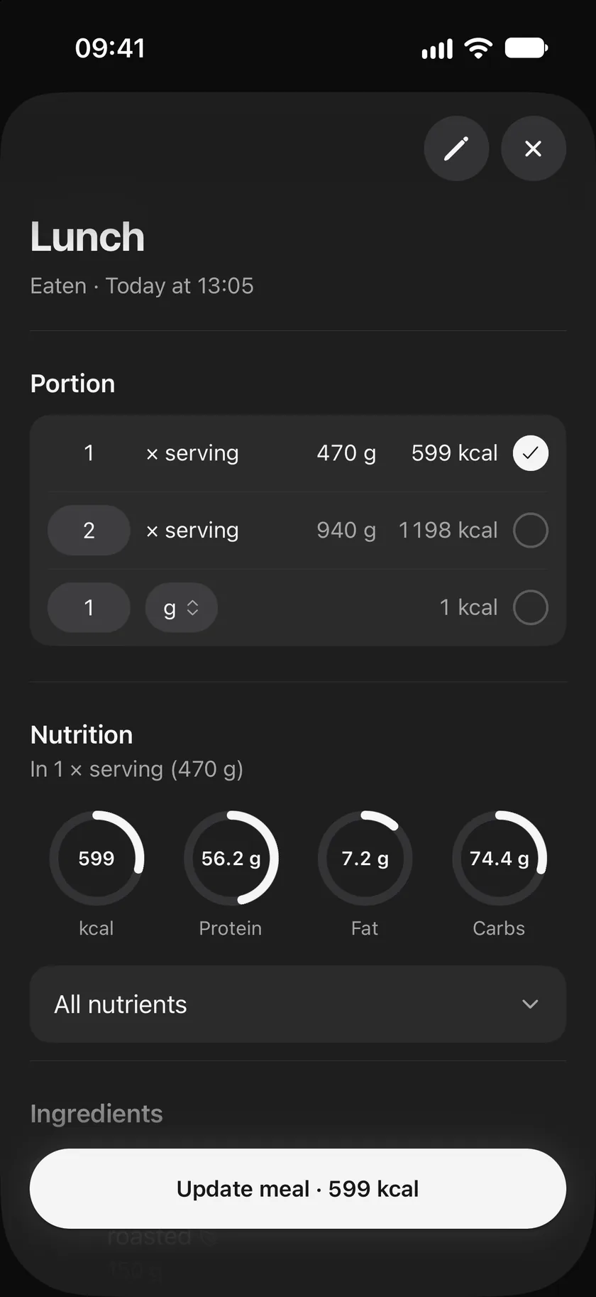 Lunch opened: eaten today at 13:05, portions of the whole meal, nutrition rings for calories, protein, fat and carbs, and Update meal at the bottom.