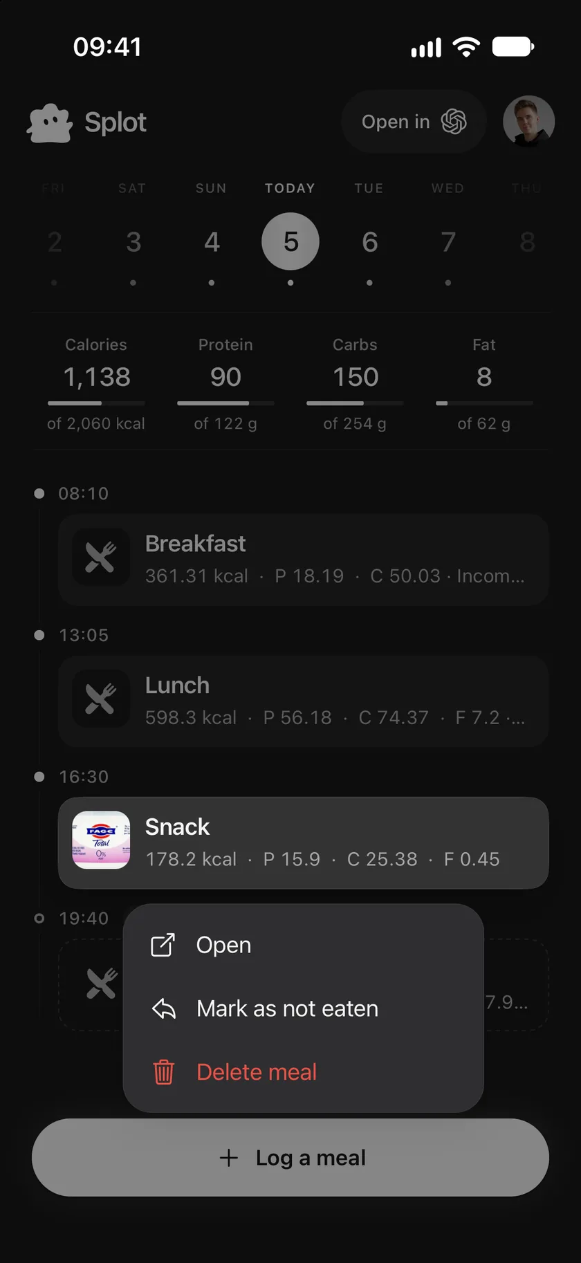 A logged snack lifted out of the journal, with a menu offering Open, Mark as not eaten and Delete meal.