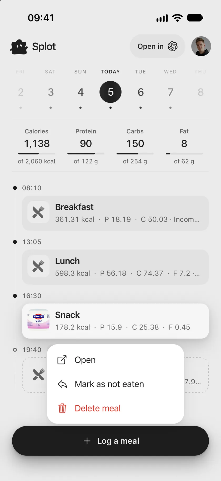 A logged snack lifted out of the journal, with a menu offering Open, Mark as not eaten and Delete meal.