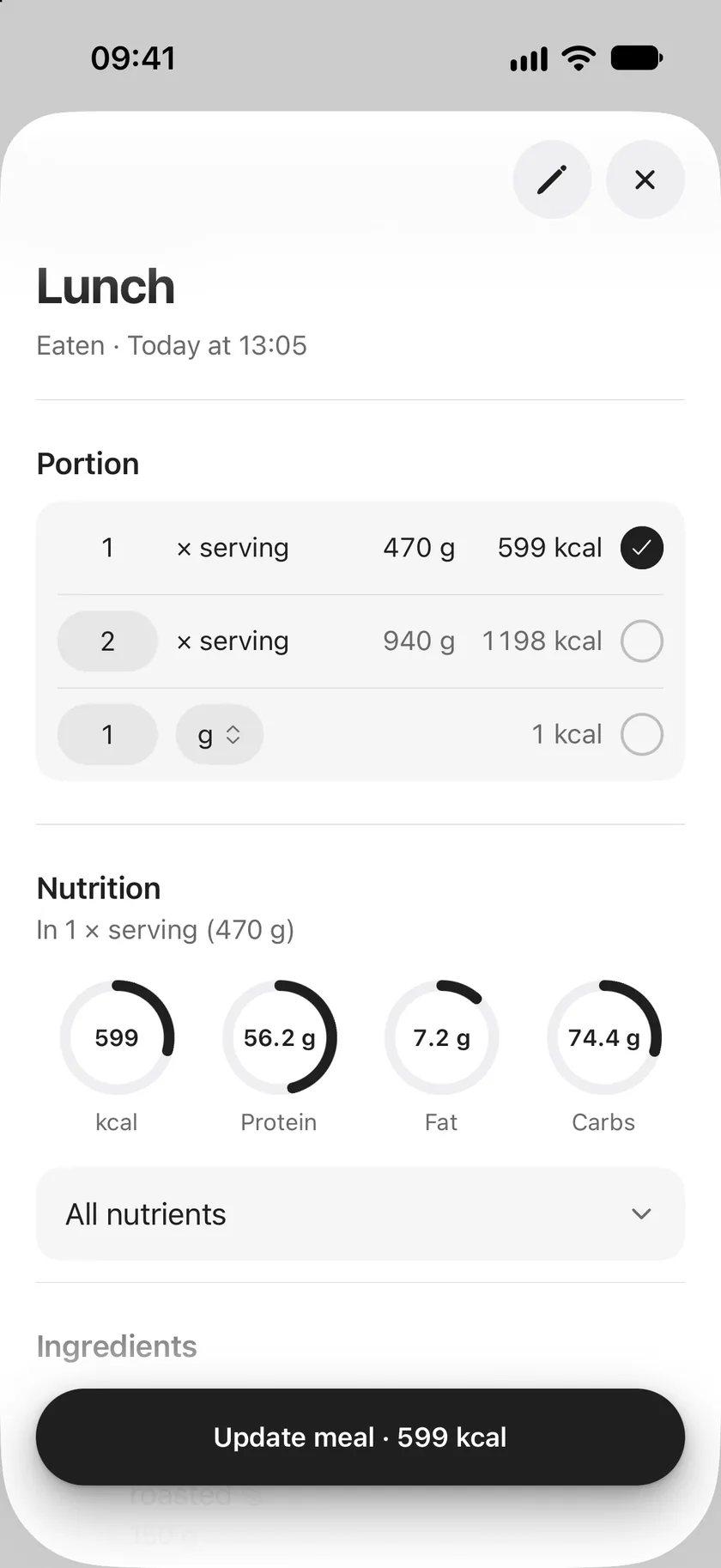 Lunch opened: eaten today at 13:05, portions of the whole meal, nutrition rings for calories, protein, fat and carbs, and Update meal at the bottom.