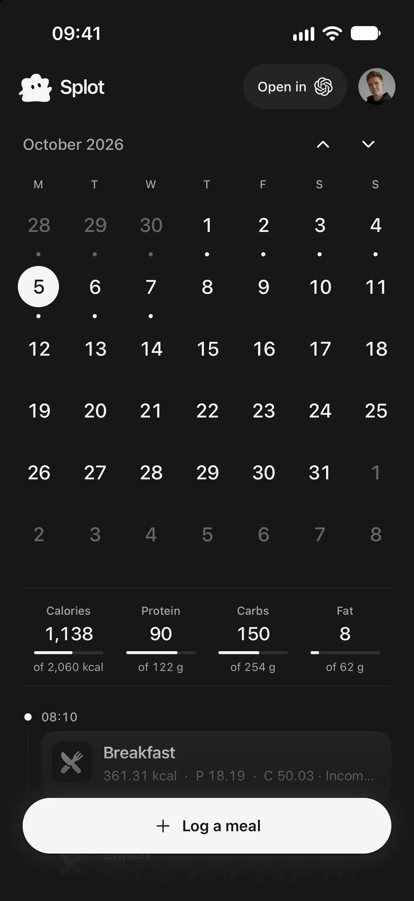 The month calendar for October 2026: dots under the days that have meals, today selected, and the day's totals below.