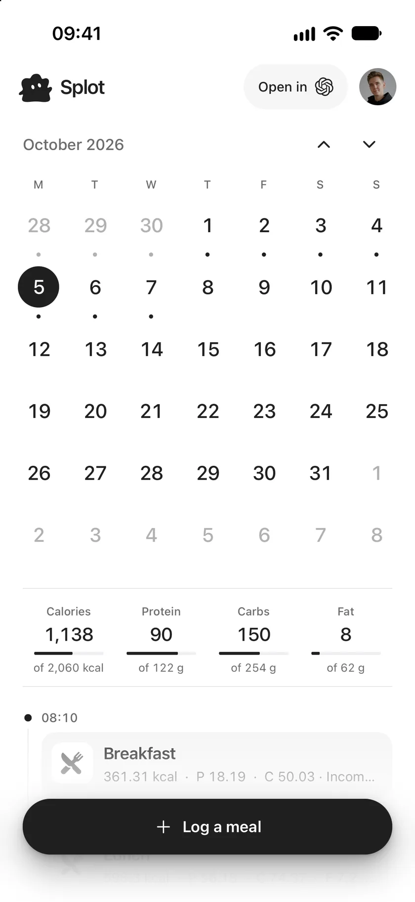 The month calendar for October 2026: dots under the days that have meals, today selected, and the day's totals below.