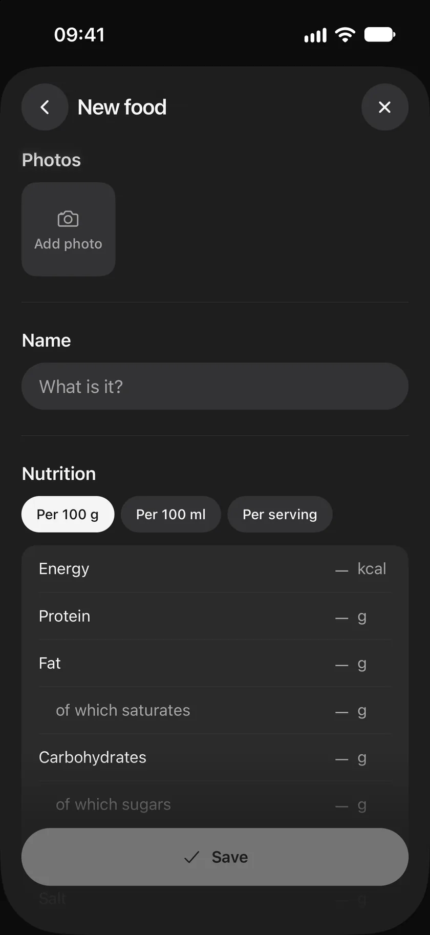 New food: photos, a name, and nutrition per 100 g, per 100 ml or per serving.