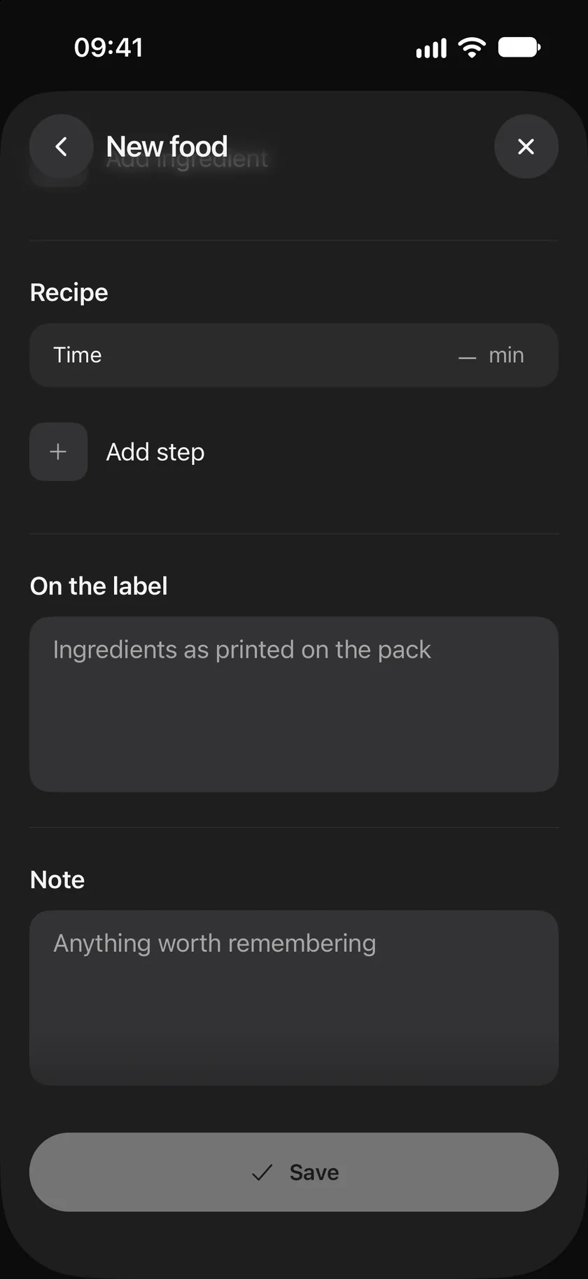 A new food's recipe parts: cooking time and steps, the ingredients as printed on the label, and a note.