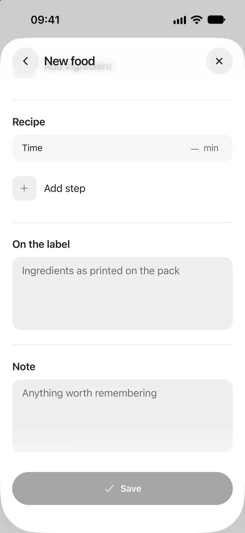 A new food's recipe parts: cooking time and steps, the ingredients as printed on the label, and a note.