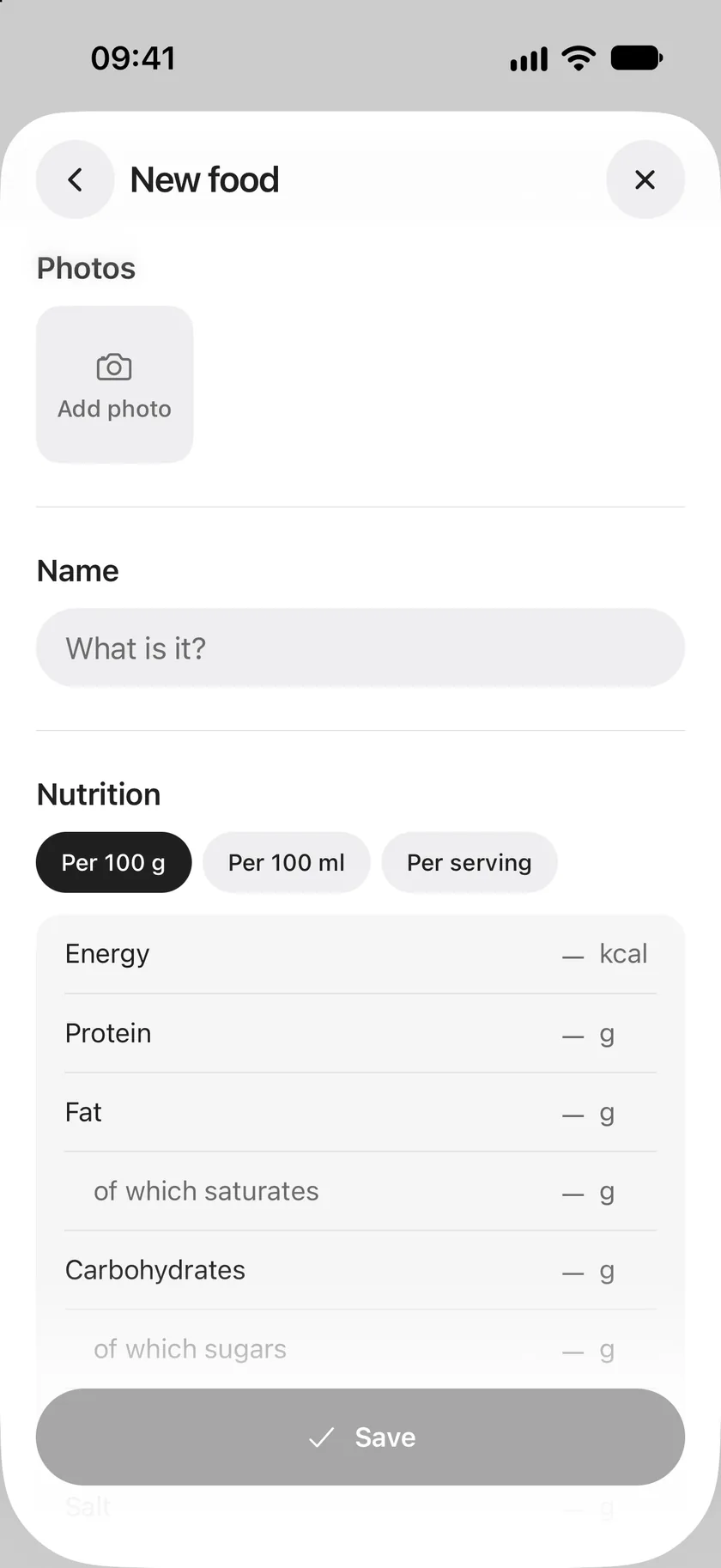 New food: photos, a name, and nutrition per 100 g, per 100 ml or per serving.