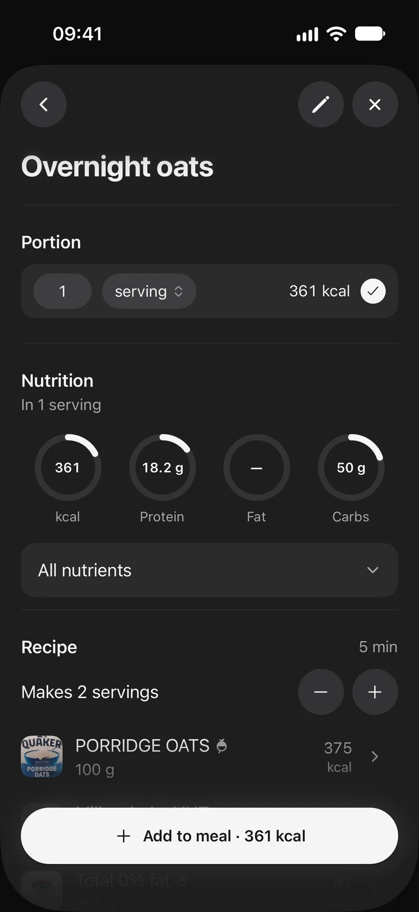 The Overnight oats recipe: a portion of one serving at 361 kcal, nutrition rings with fat unknown, and the recipe making two servings.