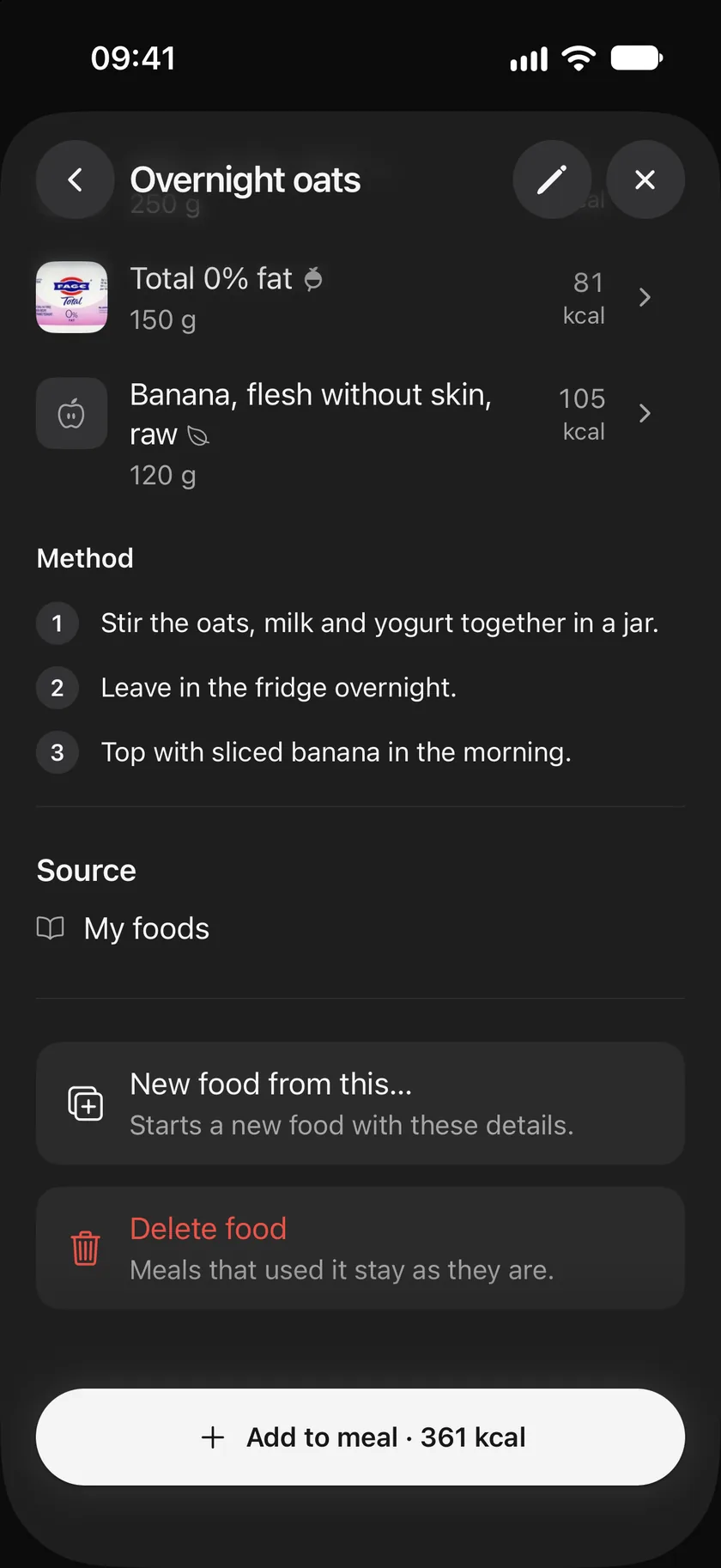 The bottom of a recipe's page: its ingredients, three method steps, its source, and New food from this… and Delete food.