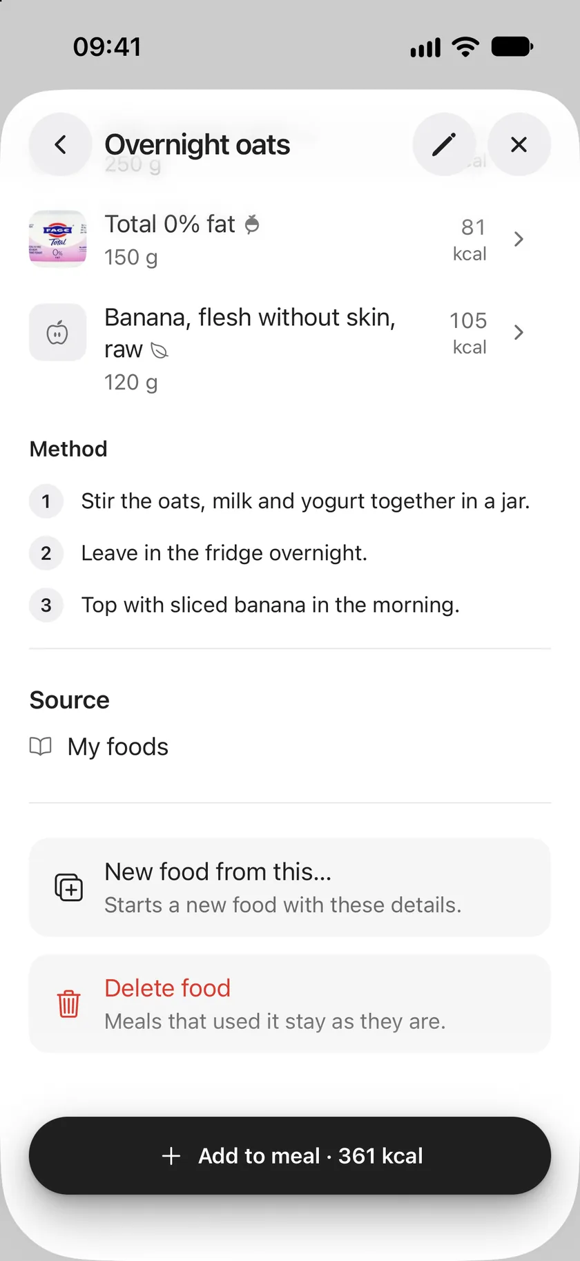 The bottom of a recipe's page: its ingredients, three method steps, its source, and New food from this… and Delete food.