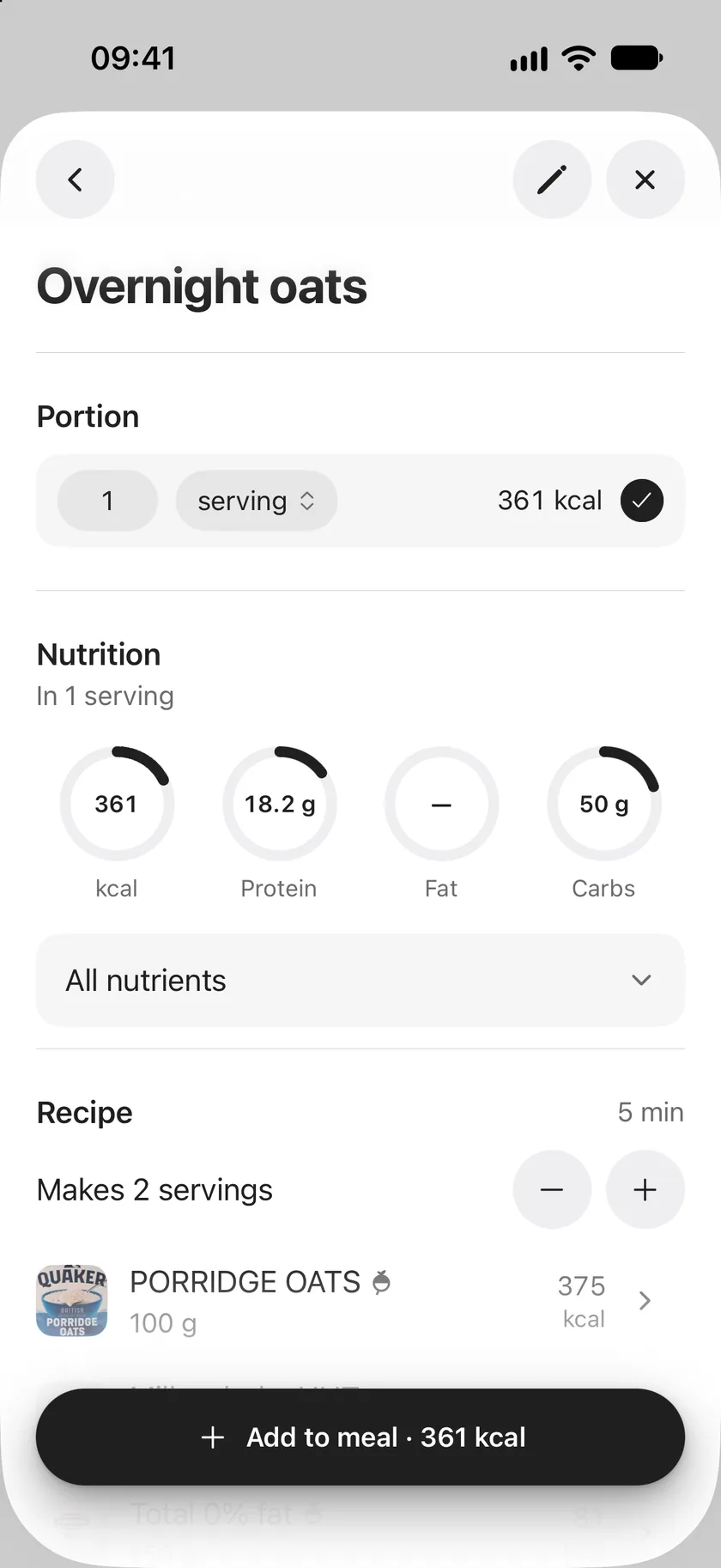 The Overnight oats recipe: a portion of one serving at 361 kcal, nutrition rings with fat unknown, and the recipe making two servings.