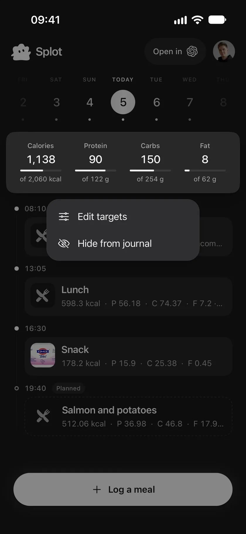 The totals lifted out of the journal, with a menu offering Edit targets and Hide from journal.
