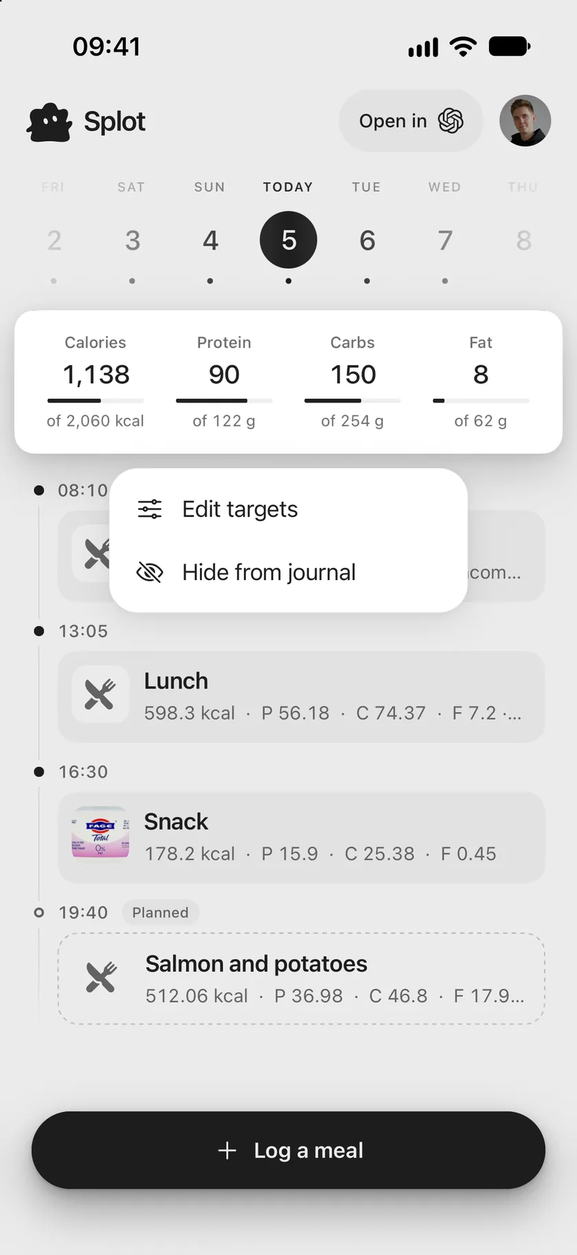 The totals lifted out of the journal, with a menu offering Edit targets and Hide from journal.