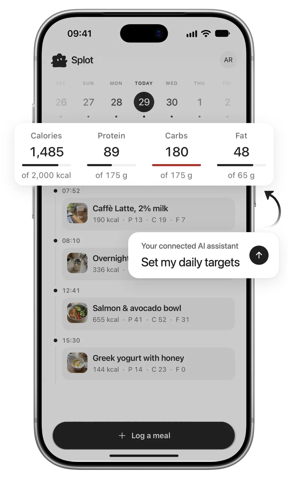 Splot on iPhone, showing today’s meals and daily totals, next to the message “Set my daily targets” sent to a connected AI assistant.