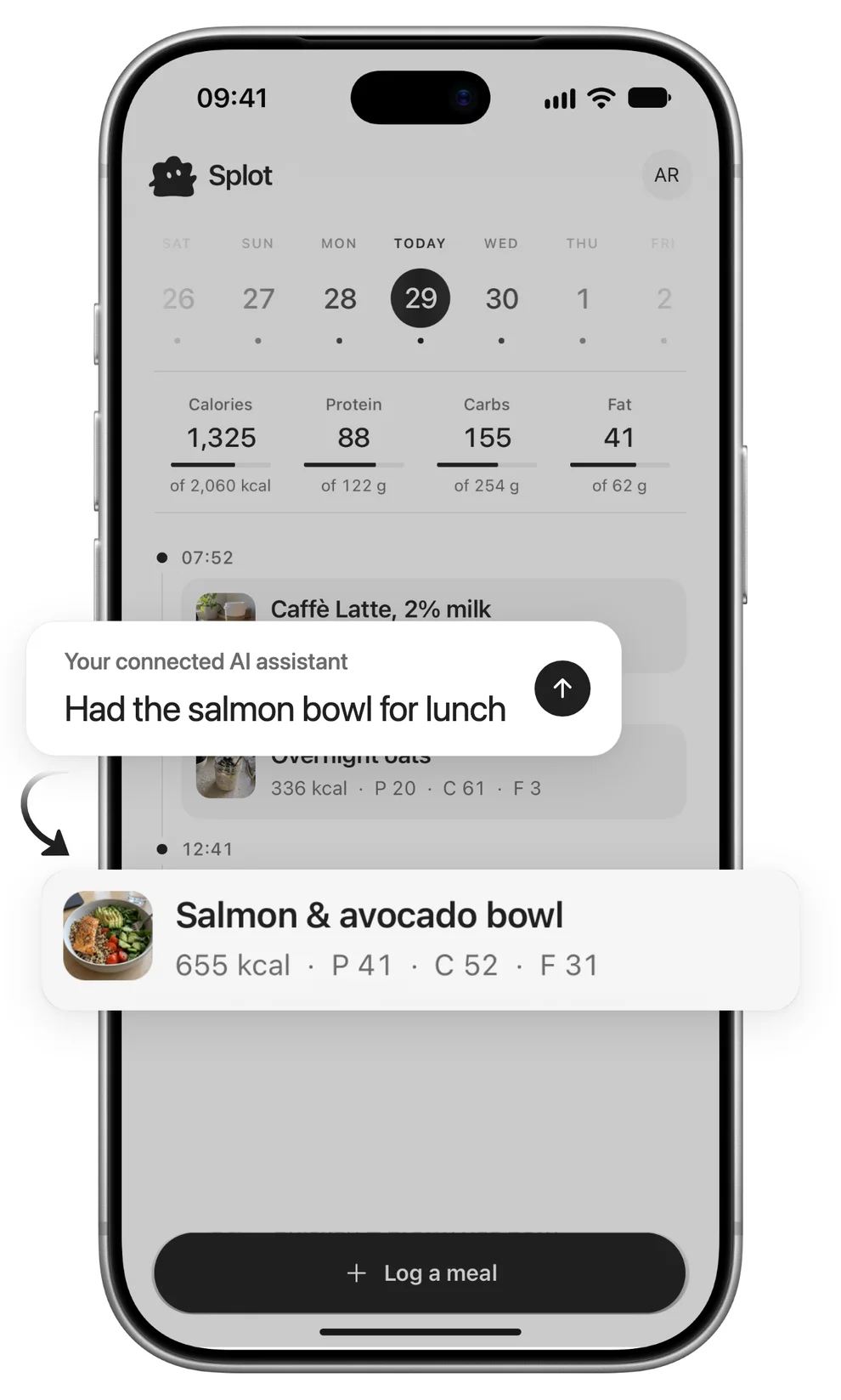 The message “Had the salmon bowl for lunch” becomes a Salmon & avocado bowl entry in the journal, with 655 kcal.