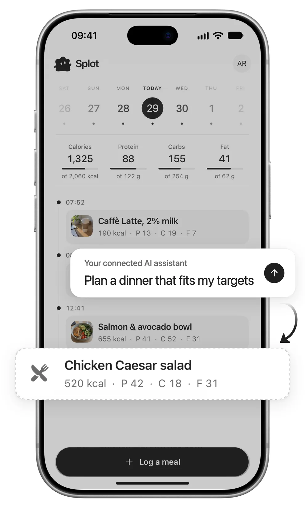 The message “Plan a dinner that fits my targets” adds a planned Chicken Caesar salad to the journal, with 520 kcal.